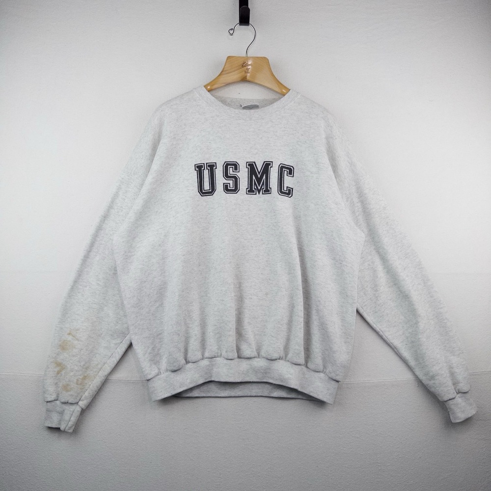 80's Vtg USMC Military Santee Gray Print Sweatshirt Men's XL Boxy Made in USA
